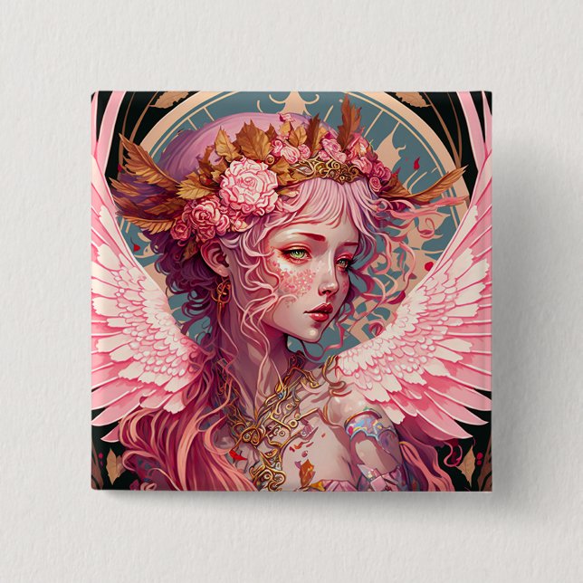 Chapa Cuadrada Arte de fantasía de Angel Fairy Rosa (Anverso)
