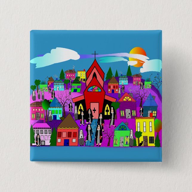 Chapa Cuadrada Arte de monjas católicas "camino a la iglesia" (Anverso)