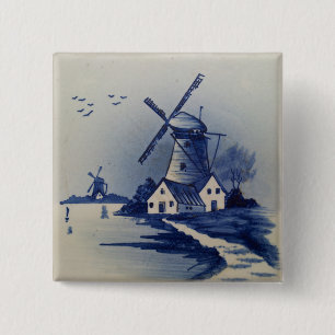 Chapa Cuadrada Arte de pintura vintage azul y blanco de Delft
