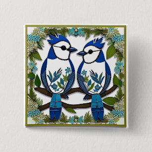 Chapa Cuadrada Arte en papel de pájaros arrendajos azules