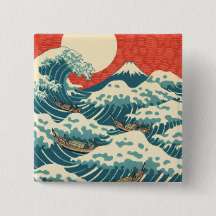 Chapa Cuadrada Arte japonés retro de la gran ola de Hokusai