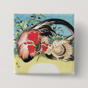 Chapa Cuadrada Arte japonés vintage de Hokusai Gallo Gallina Flor