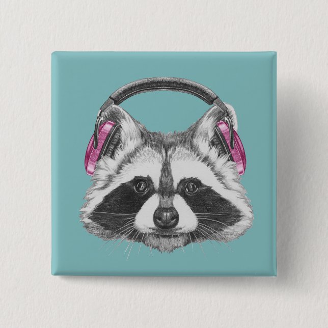 Chapa Cuadrada Auriculares Raccoon (Anverso)