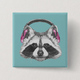 Chapa Cuadrada Auriculares Raccoon