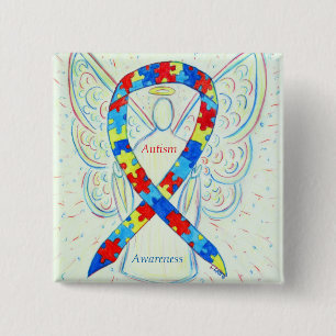 Chapa Cuadrada Autism Angel Puzzle Awareness Ribbon Pins