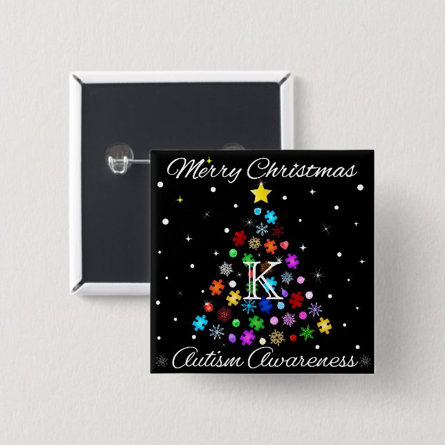 Chapa Cuadrada Autismo Árbol de Navidad de Snowflake (Anverso y reverso)