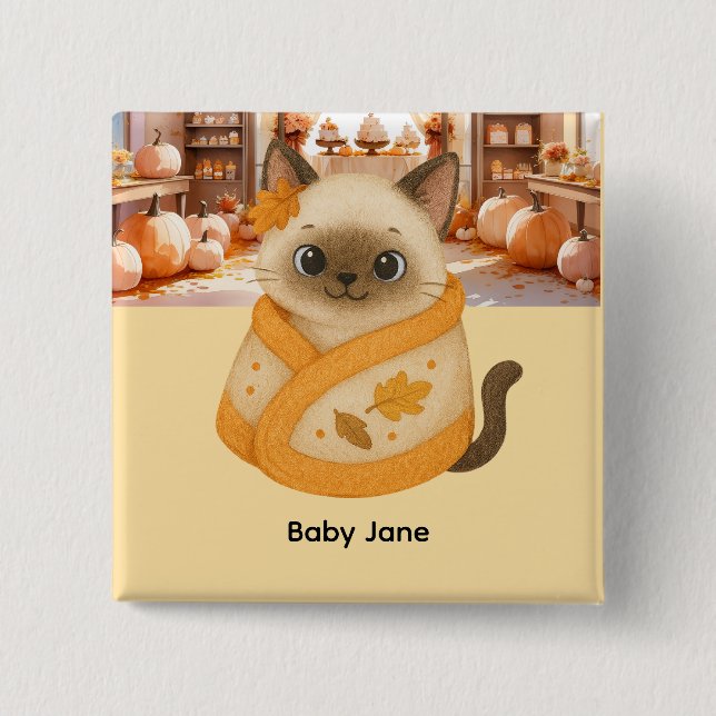 Chapa Cuadrada Autumn Baby Shower para los amantes del gato (Anverso)