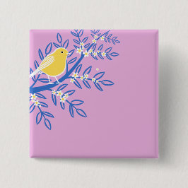 Chapa Cuadrada Ave amarilla ilustrada en un fondo rosado