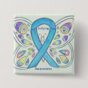 Chapa Cuadrada Aviso de bullying Awareness Butfly Blue Ribbon Pin