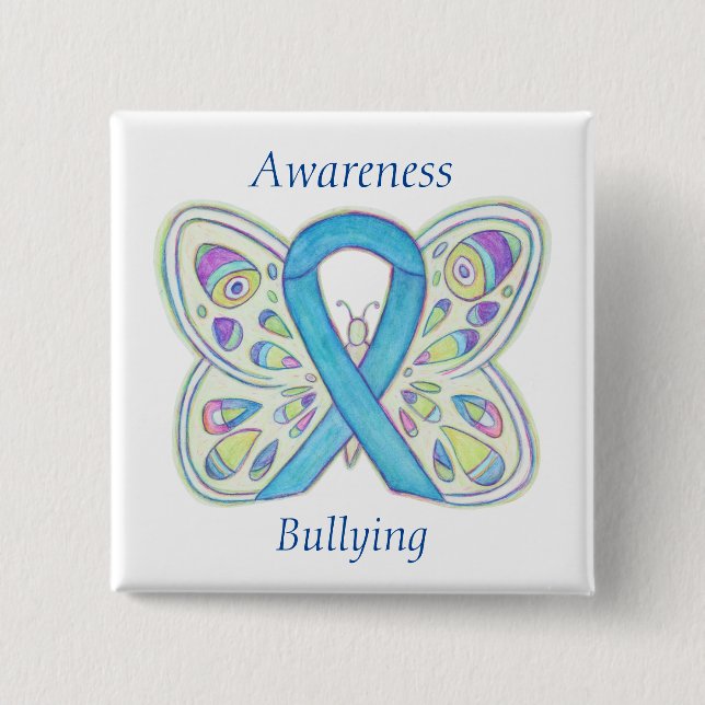 Chapa Cuadrada Aviso de bullying Awareness Butfly Blue Ribbon Pin (Anverso)