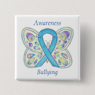 Chapa Cuadrada Aviso de bullying Awareness Butfly Blue Ribbon Pin