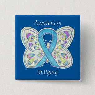 Chapa Cuadrada Aviso de bullying Awareness Butfly Blue Ribbon Pin