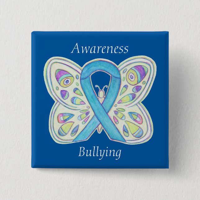 Chapa Cuadrada Aviso de bullying Awareness Butfly Blue Ribbon Pin (Anverso)