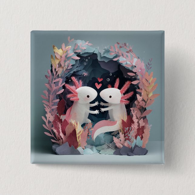 Chapa Cuadrada Axolotl love paper cut shadowbox diorama (Anverso)