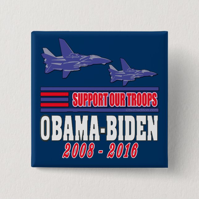 Chapa Cuadrada Ayuda de Obama Biden nuestras tropas (Anverso)