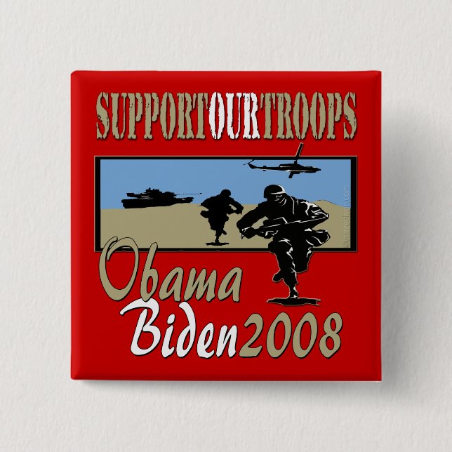 Chapa Cuadrada Ayuda de Obama Biden nuestras tropas (Anverso)