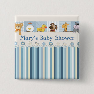 Chapa Cuadrada Azul Baby Shower de los animales y de las rayas
