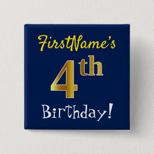 Chapa Cuadrada Azul, Faux Gold 4º cumpleaños, con nombre personal