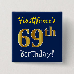 Chapa Cuadrada Azul, Faux Gold 69th Birthday, con nombre personal