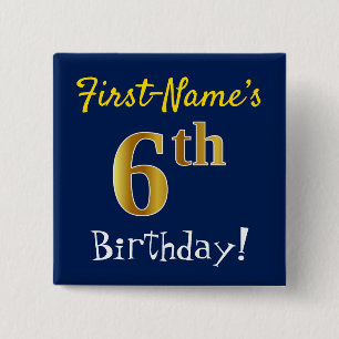 Chapa Cuadrada Azul, Faux Gold 6Cumpleaños, Con Nombre Personaliz