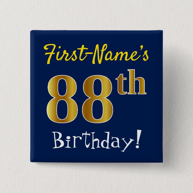 Chapa Cuadrada Azul, Faux Gold 88th Birthday, con nombre personal (Anverso)