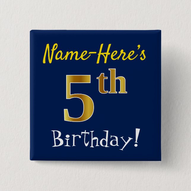 Chapa Cuadrada Azul, Faux Gold Quinto Cumpleaños, Con Nombre Pers (Anverso)