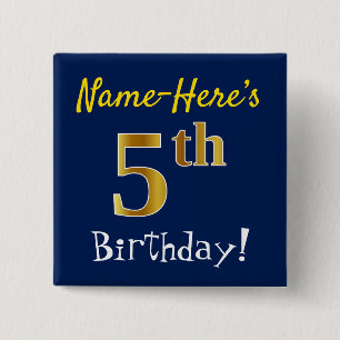 Chapa Cuadrada Azul, Faux Gold Quinto Cumpleaños, Con Nombre Pers