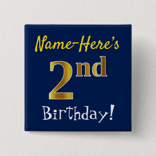 Chapa Cuadrada Azul, Faux Gold Segundo Cumpleaños, Con Nombre Per