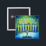 Chapa Cuadrada Azul Verde Hanukkah Menorah Peace Sparkine<br><div class="desc">"Paz, brillo, brillo". Una foto de primer plano de una menorah artística brillante, colorida, azul y verde te ayuda a inaugurar las vacaciones de Hanukkah con estilo. Siente el calor y la alegría de la temporada de vacaciones cada vez que usas este colorido botón de moda Hanukkah. En mi colección...</div>