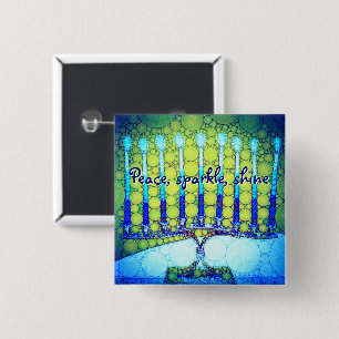 Chapa Cuadrada Azul Verde Hanukkah Menorah Peace Sparkine