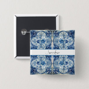 Chapa Cuadrada Azulejos antiguos en azul de Delft, personalizable