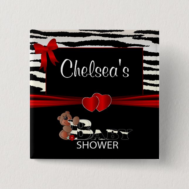 Chapa Cuadrada Baby Shower de rayas rojas y cebra (Anverso)