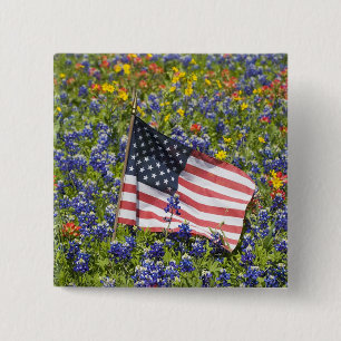 Chapa Cuadrada Bandera americana en campo de Blue Bonnets,