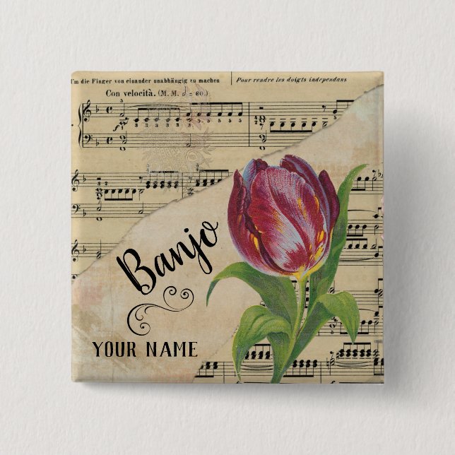 Chapa Cuadrada Banjo Tulip Vintage Sheet Music Personalizado (Anverso)