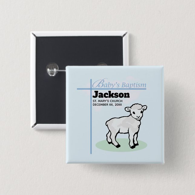 Chapa Cuadrada Baptism Blue Boy Lamb, Personalizable (Anverso y reverso)