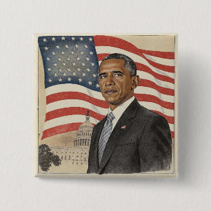 Chapa Cuadrada Barack Obama frente a la bandera estadounidense y