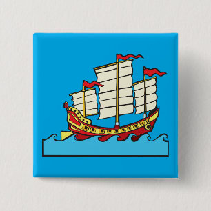 Chapa Cuadrada Barco Chino Rojo Tradicional sobre Olas Azules