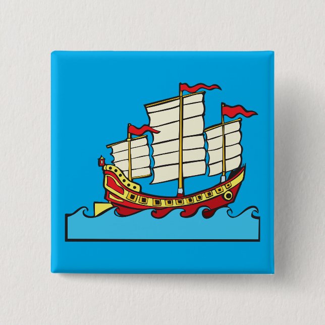 Chapa Cuadrada Barco Chino Rojo Tradicional sobre Olas Azules (Anverso)