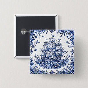 Chapa Cuadrada Barco Mercante Estilo Delft Azul Blanco