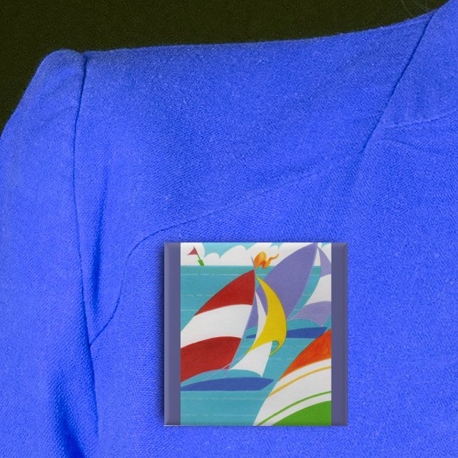 Chapa Cuadrada Barcos de vela coloridos (Abstract sailboats bright colours blue lake clouds on square pin back button.)