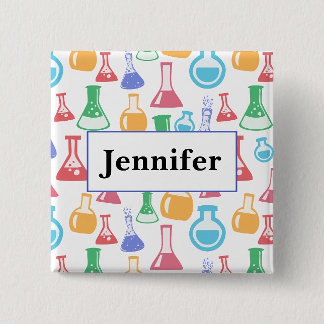 Chapa Cuadrada Beakers and Flask Fun Science Pattern with Name (Anverso)