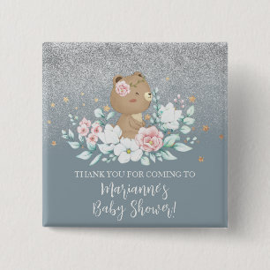 Chapa Cuadrada Bear Baby Shower Floral Glitter Muted Blue