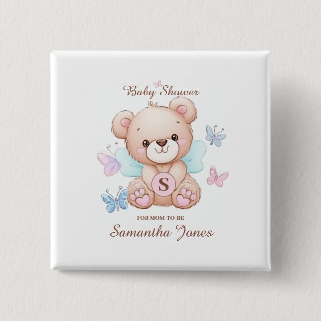 Chapa Cuadrada Bear Baby Shower personalizado (Anverso)