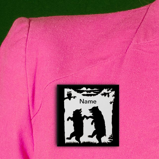 Chapa Cuadrada Bears Black Silhouette (Two bears black silhouette dancing under trees owl in black white square pin back button.)
