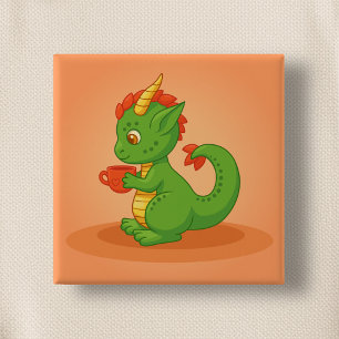 Chapa Cuadrada Bebé dragón lindo sosteniendo taza sobre naranja