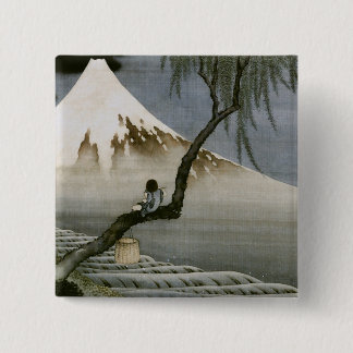 Chapa Cuadrada Bella Artes japonés de Boy y Mount Fuji Hokusai