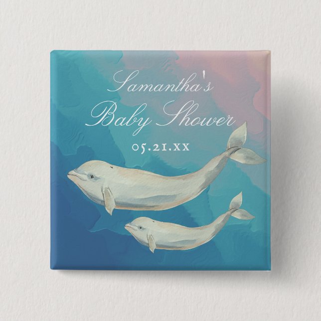 Chapa Cuadrada Beluga Whale Mom y Calf Baby Shower (Anverso)