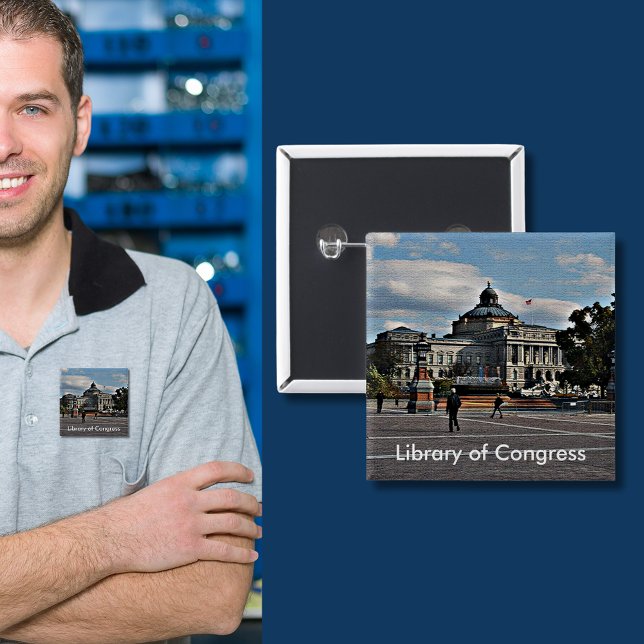 Chapa Cuadrada Biblioteca del Congreso en Patrón Mosaico (Library of Congress in Mosaic Pattern Pinback Button)