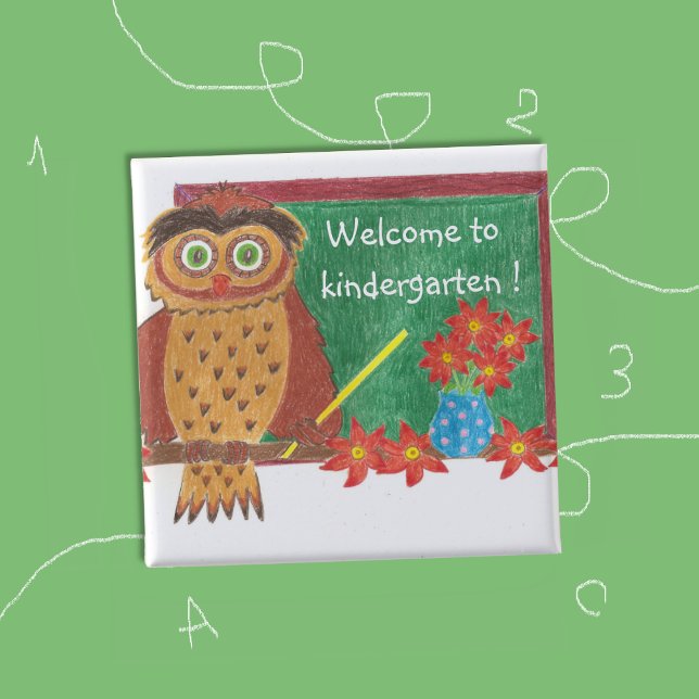 Chapa Cuadrada ¡Bienvenidos al jardín de infantes! (Welcome to kindergarten owl button .)
