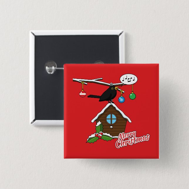 Chapa Cuadrada Bird House Merry Christmas (Anverso y reverso)